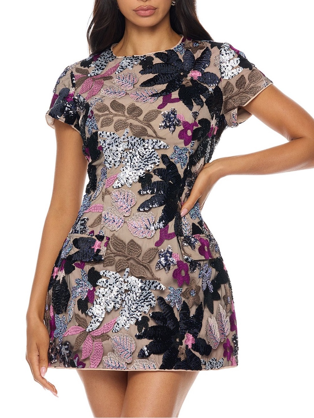 Embellished Floral Sequin Mini Dress